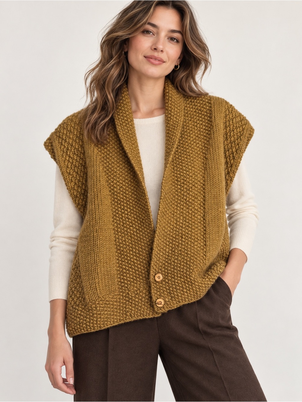 Chunky Wool Knit Vest Mustard Size M Open Front Shawl Collar